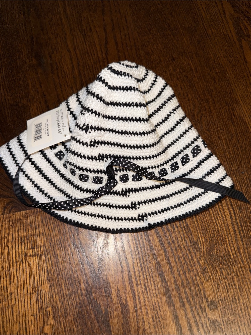 Toddler Black & White Striped Sun Hat with Ribbon